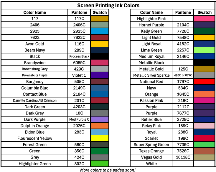 screen printing stock colors